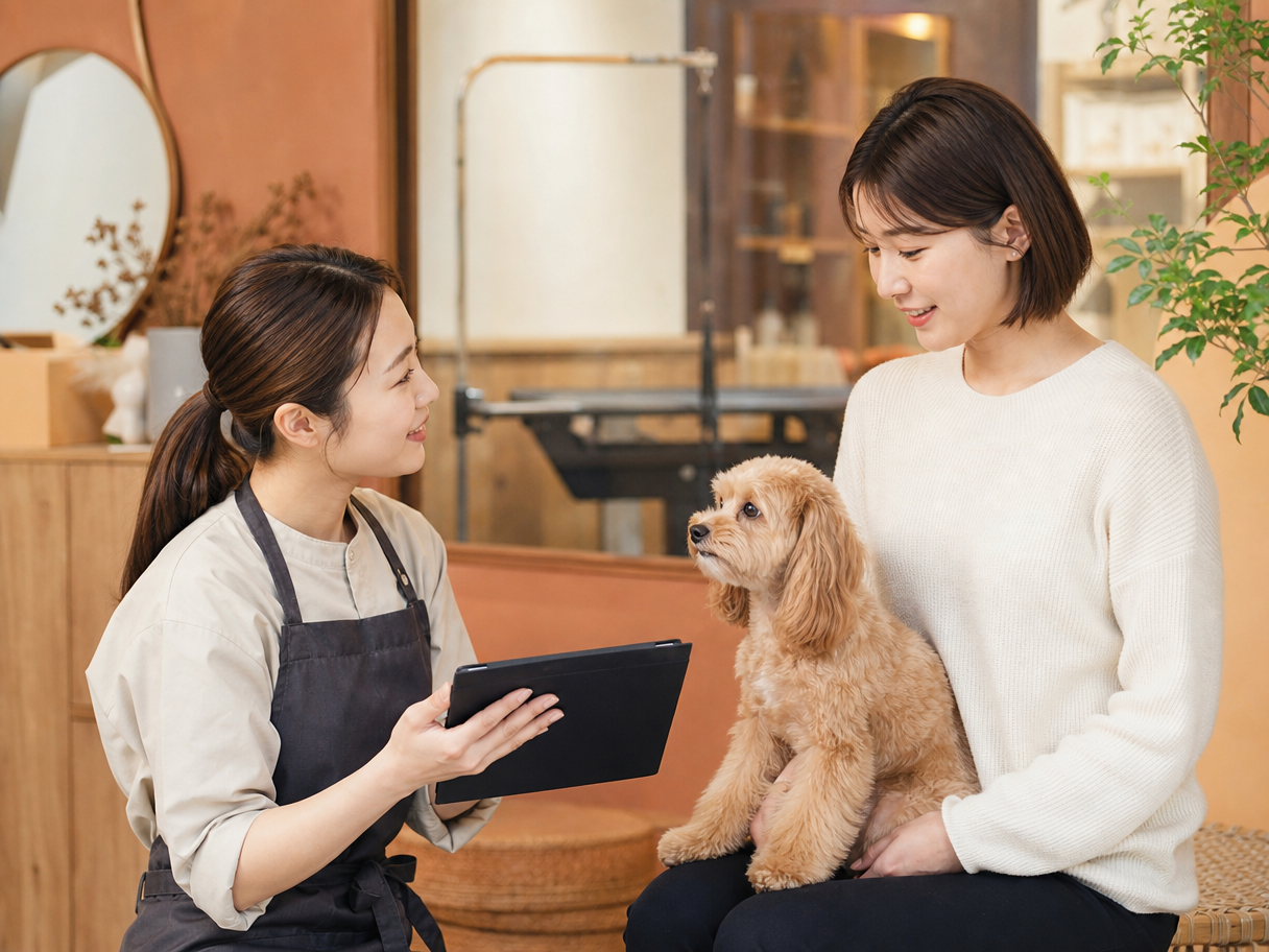 トリマーにやさしくシャンプーしてもらう犬