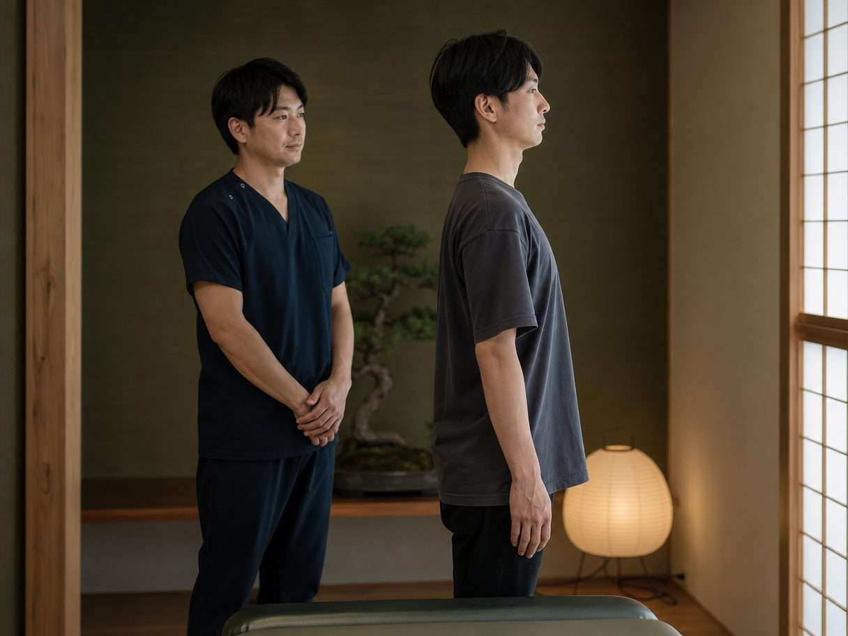 姿勢を確認しながら話を聞く整体師