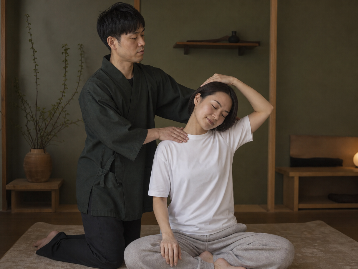首と肩をゆっくり伸ばす整体施術